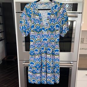 Blue Floral V-Neck Tiered Mini Dress